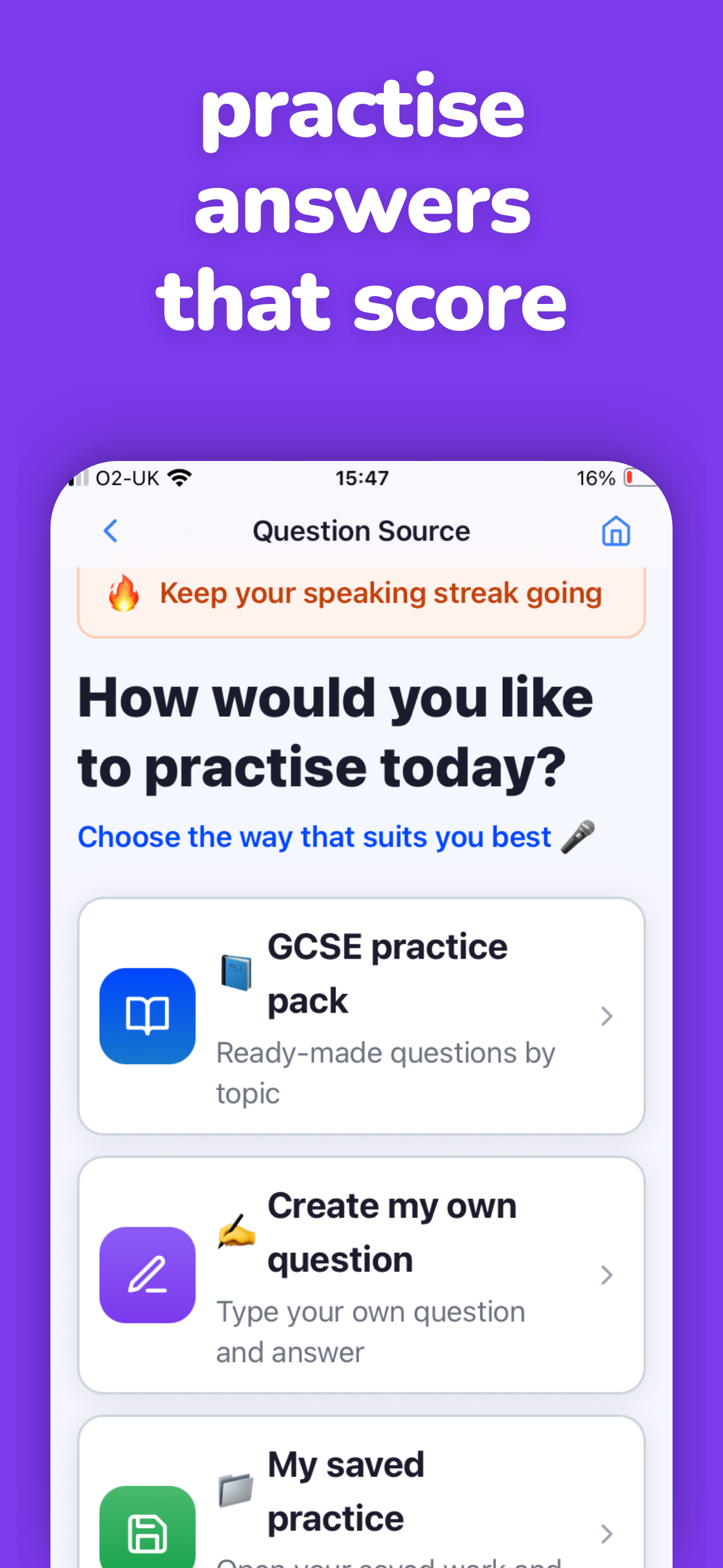 Speaking practice screen